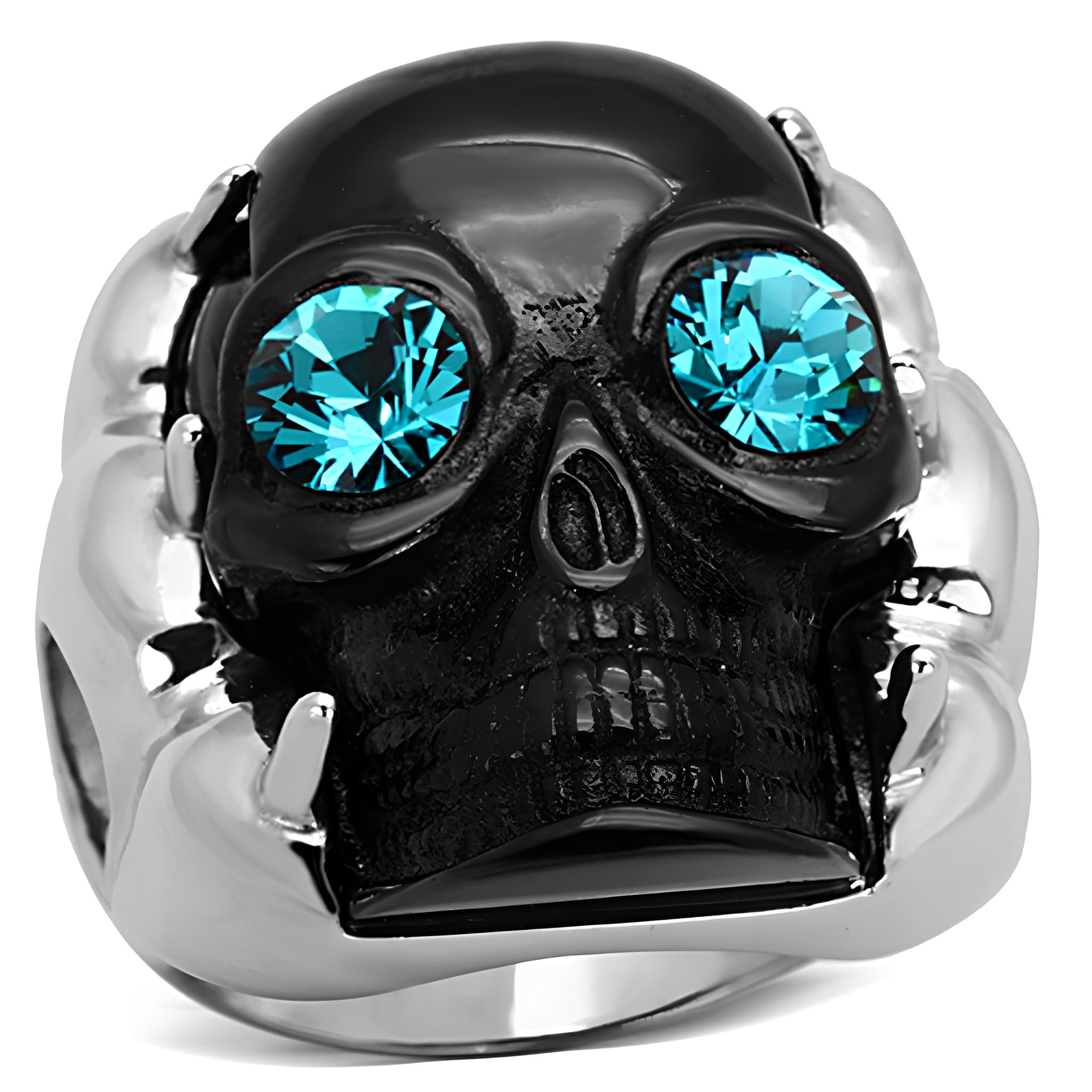 Stainless Steel Black Skull Aqua Blue CZ Eyes Ring