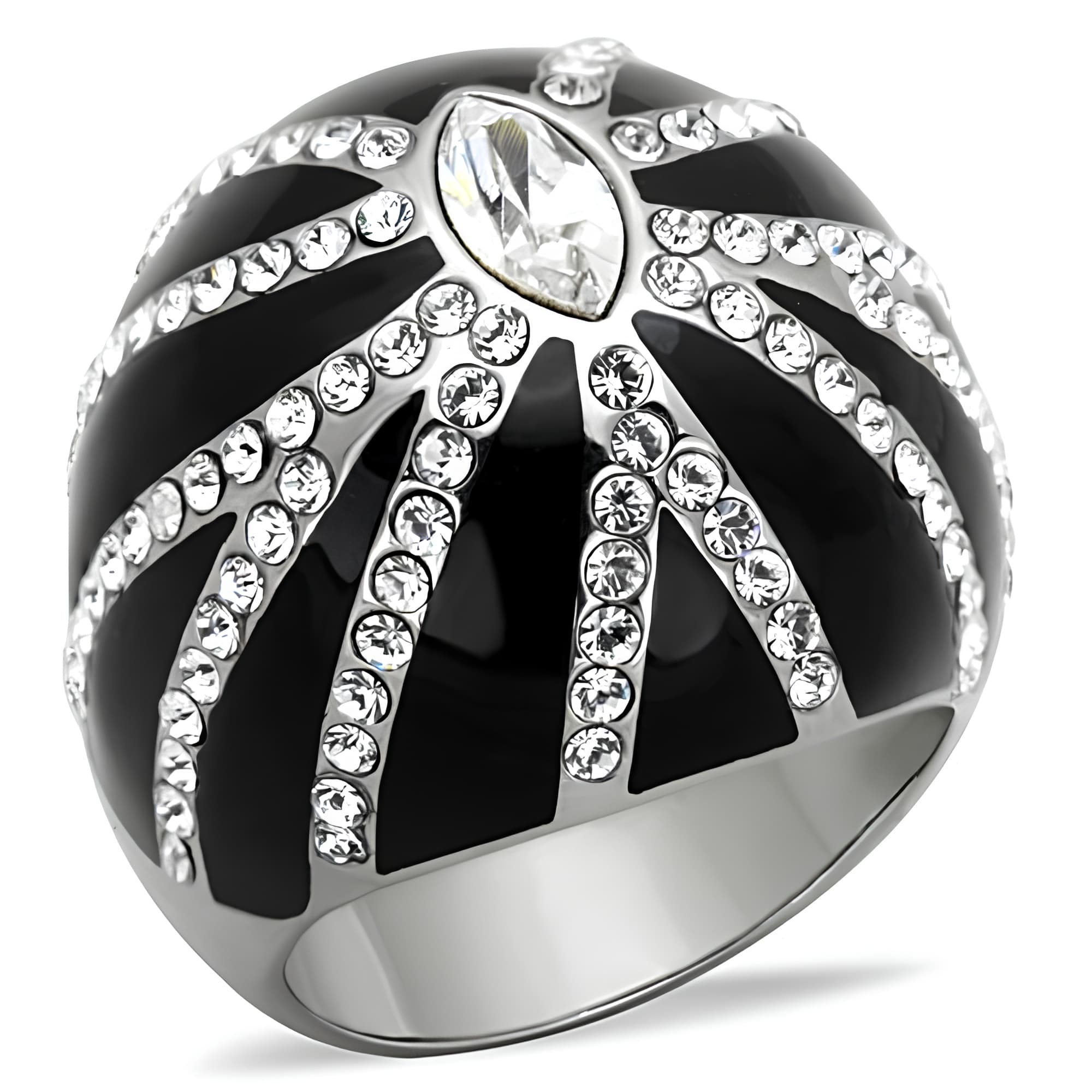 Stainless Steel Black Enamel CZ Starburst Dome Ring