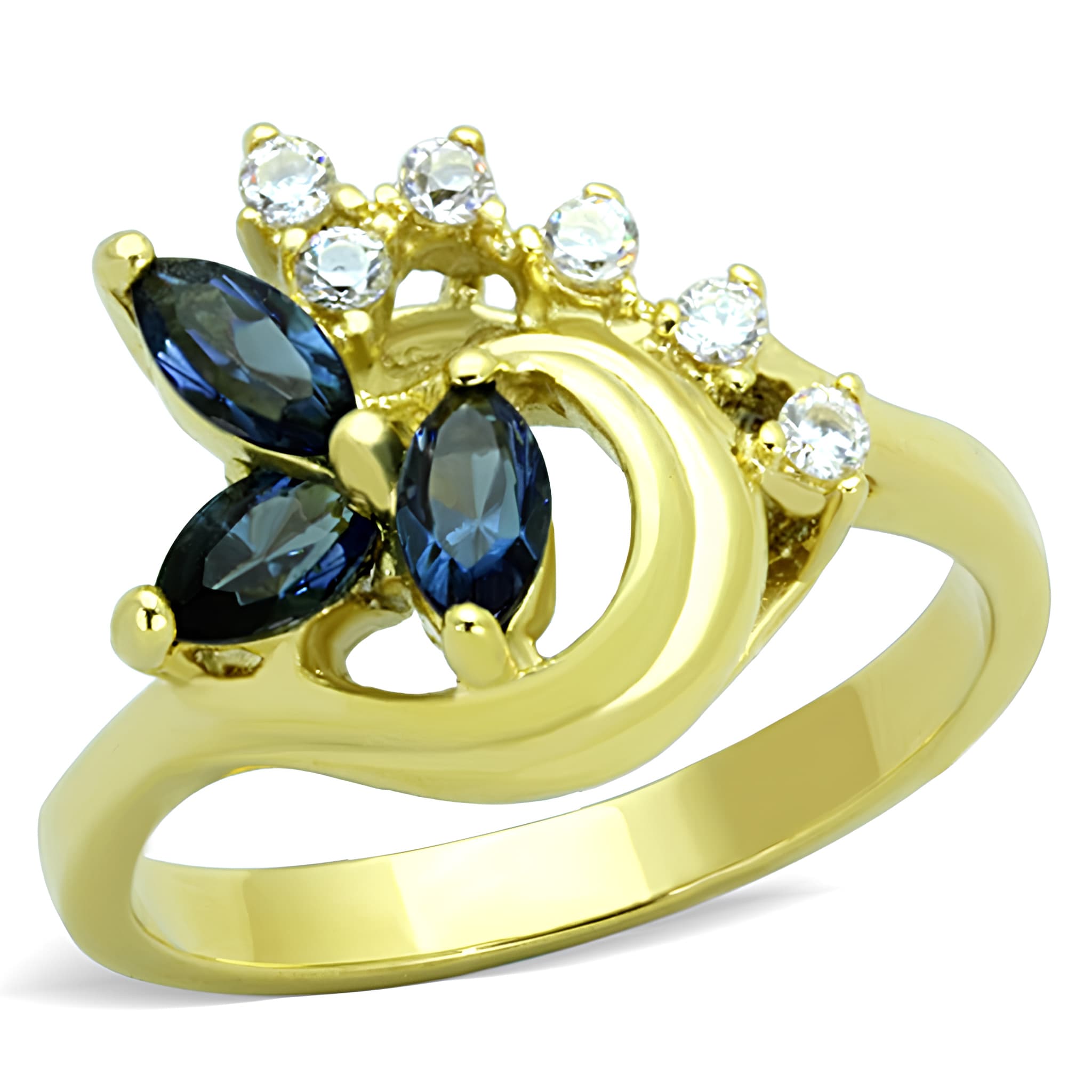 Stainless Steel Gold Blue Sapphire Marquise Swirl Cluster Ring