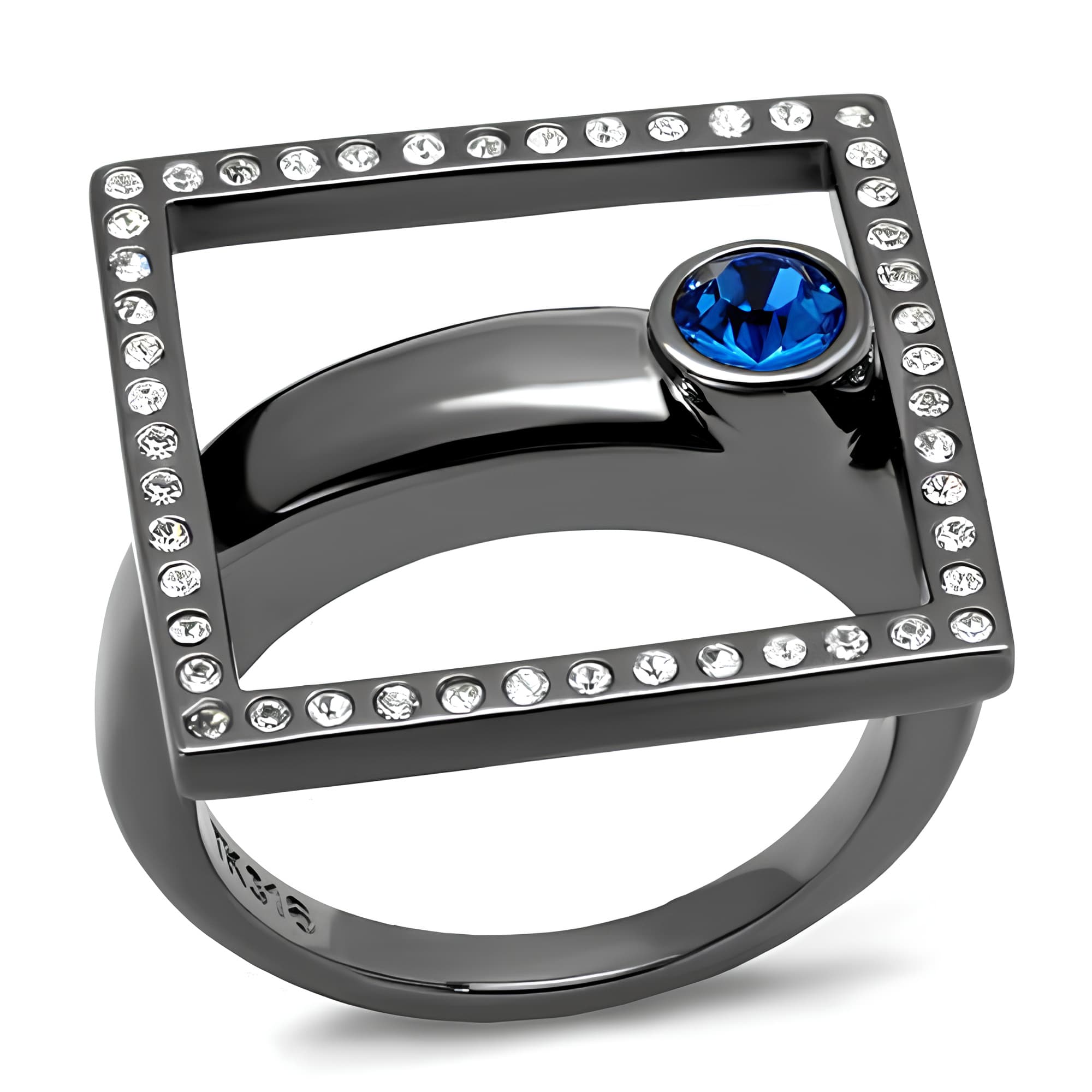 Stainless Steel Dark Gunmetal Blue Sapphire CZ Square Ring