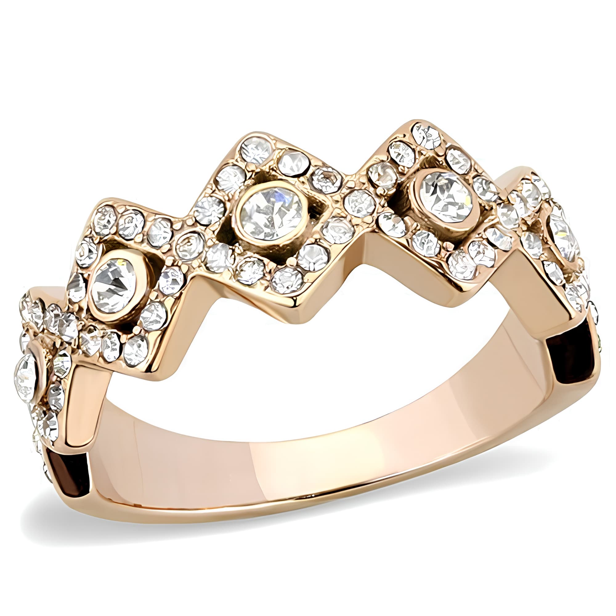 Stainless Steel Rose Gold IP CZ Pave Heartbeat Zigzag Crown Ring