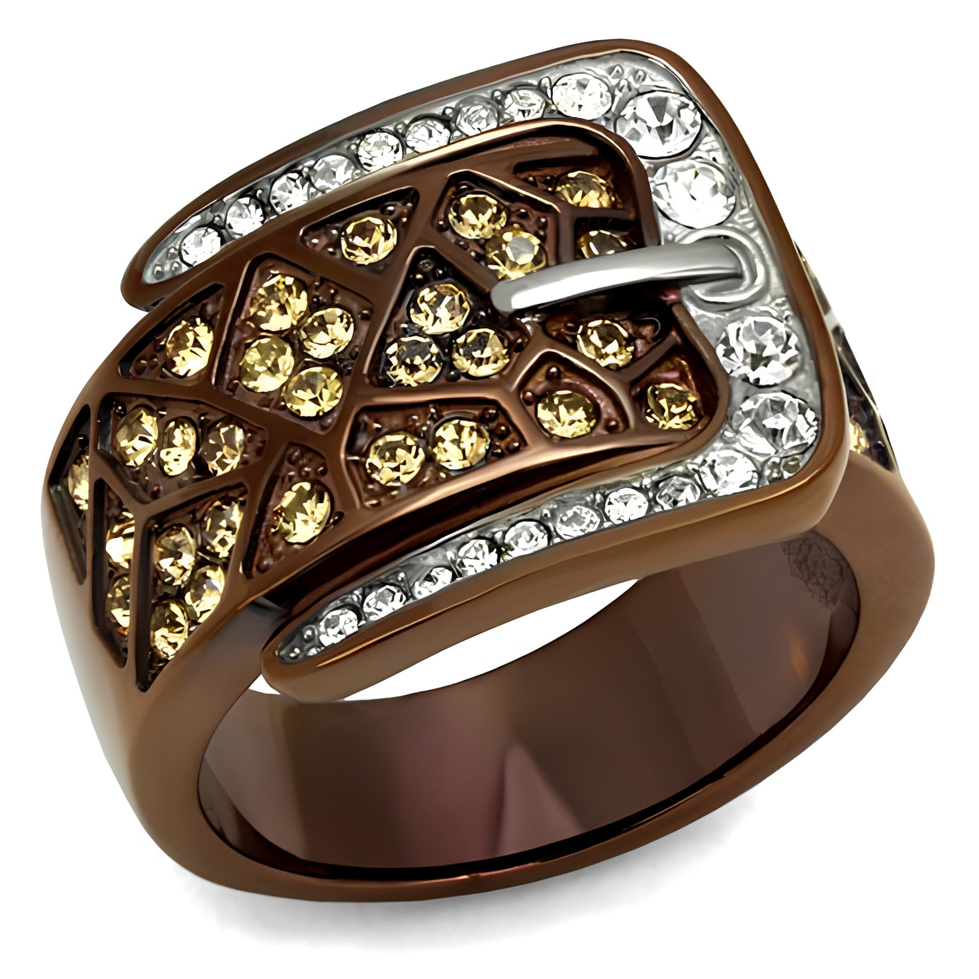 Stainless Steel Coffee Brown IP Champagne CZ Pave Buckle Ring