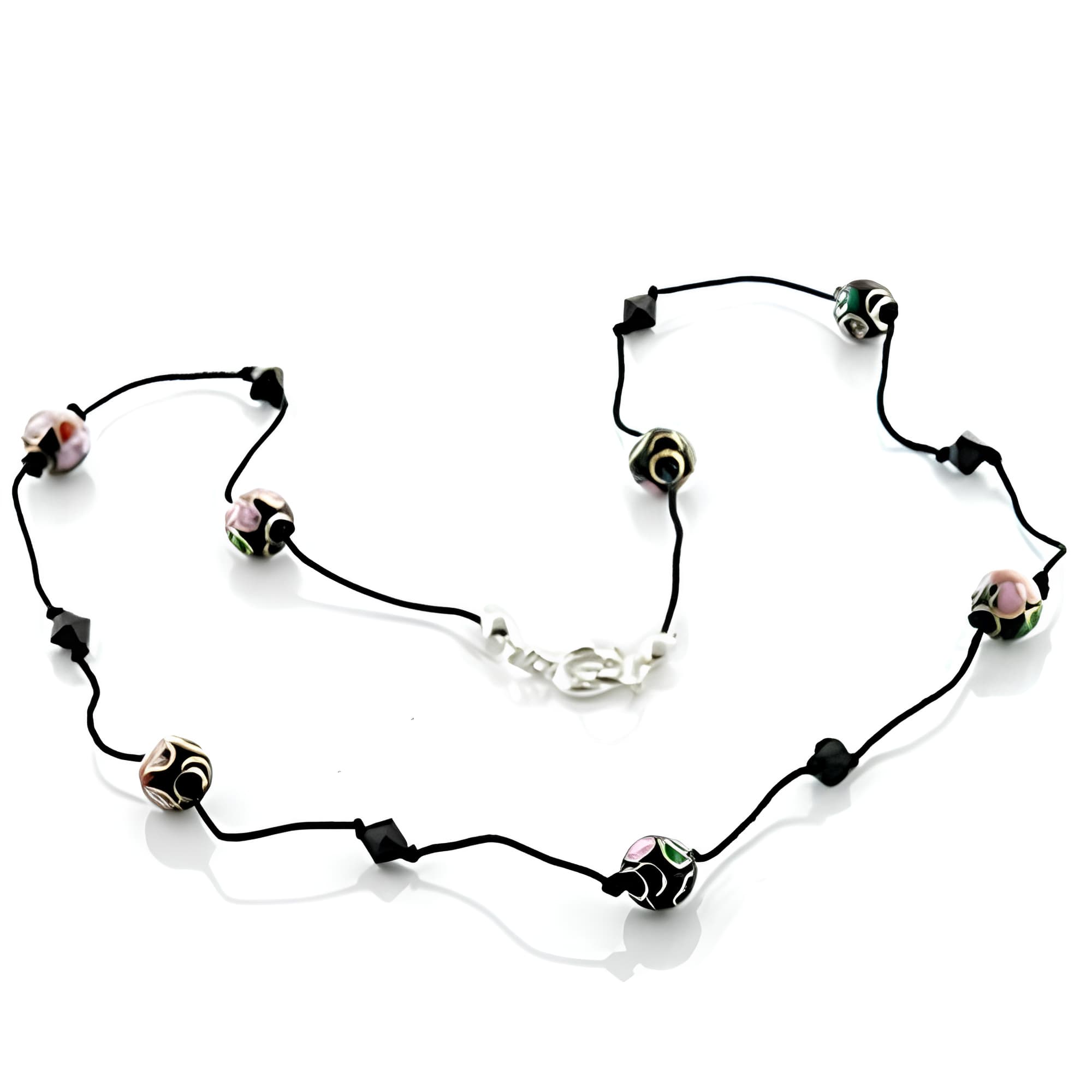 Brass Black Cord Multi Color Murano Glass Bead Necklace