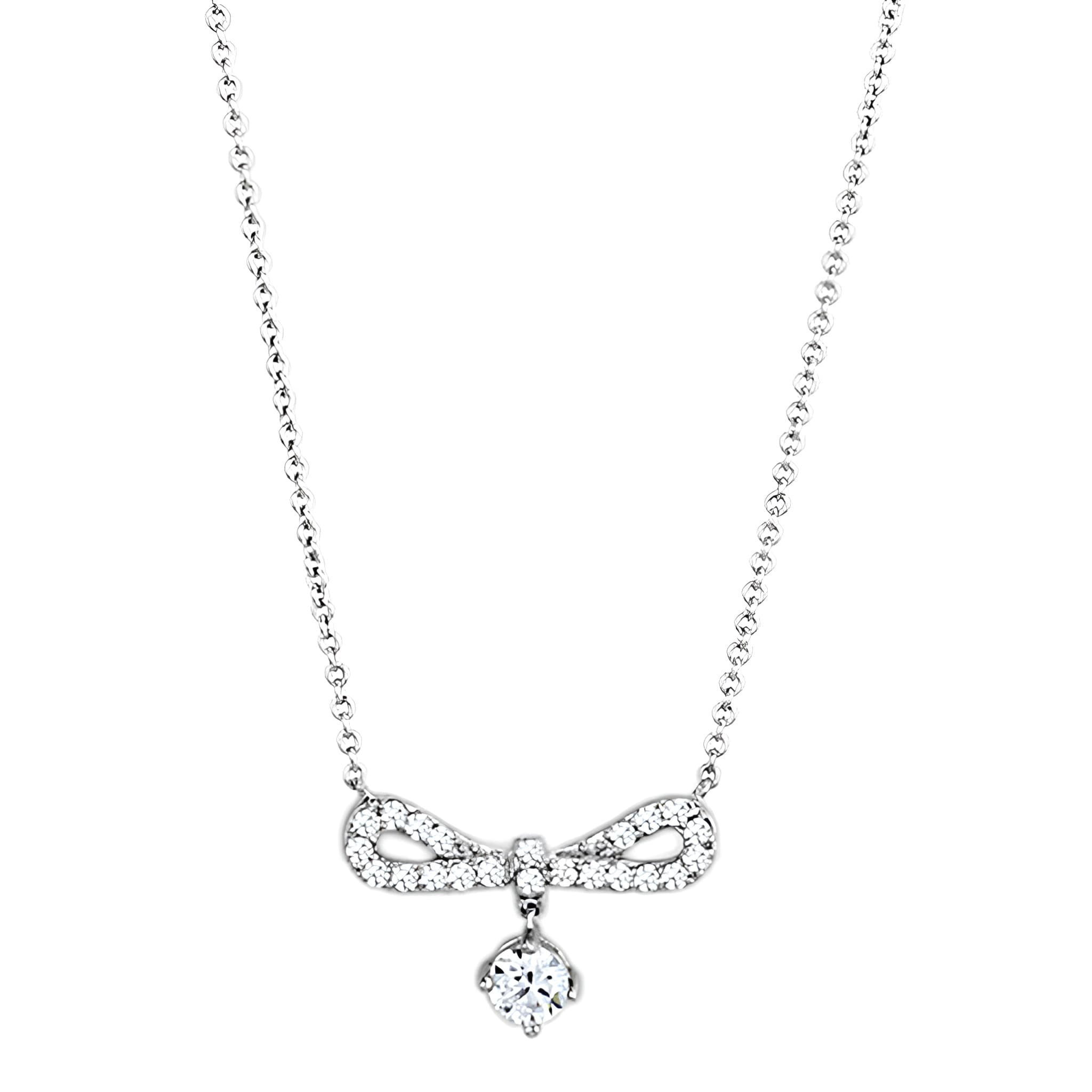 Brass CZ Pave Bow Ribbon Dangle Pendant Necklace