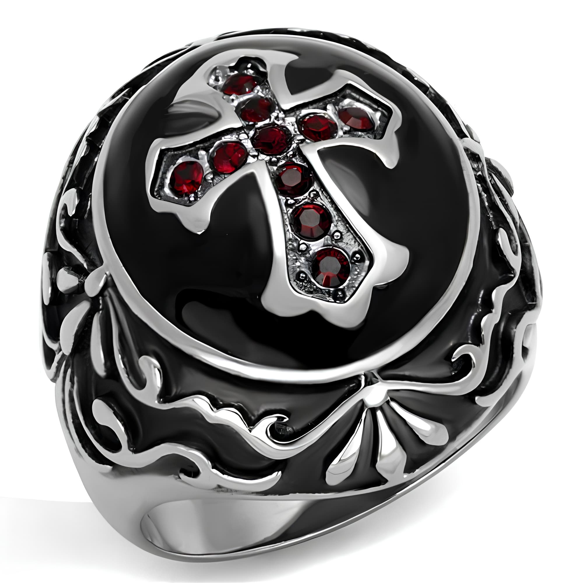 Stainless Steel Red Garnet CZ Gothic Cross Ornate Dome Ring