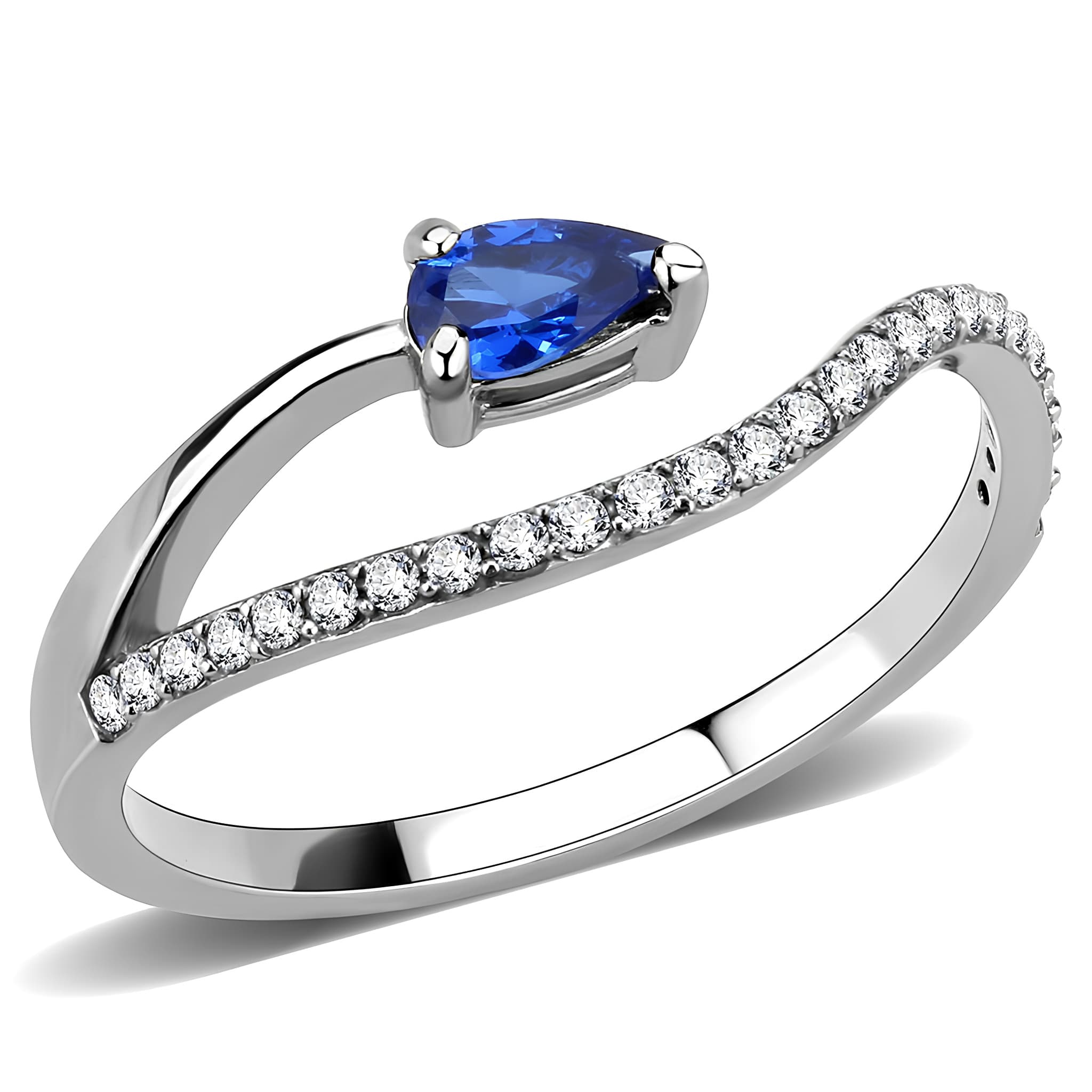 Stainless Steel Blue Sapphire Pear CZ Slim Pave Solitaire Ring