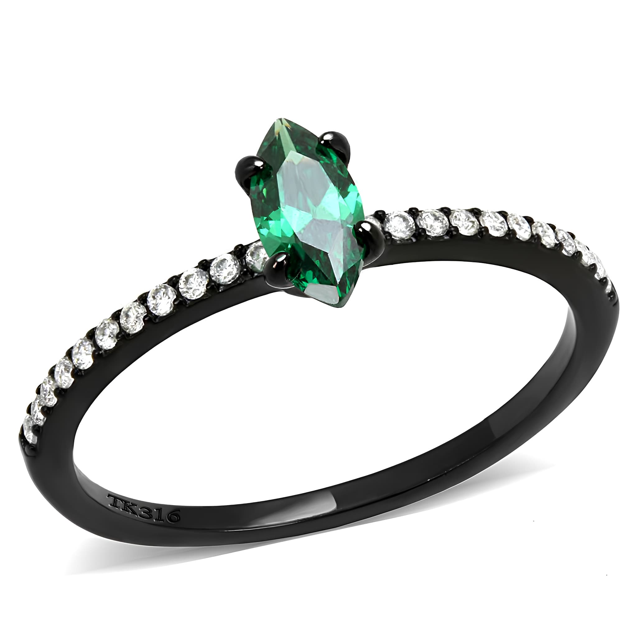Stainless Steel Black IP Green CZ Marquise Prong Pave Ring