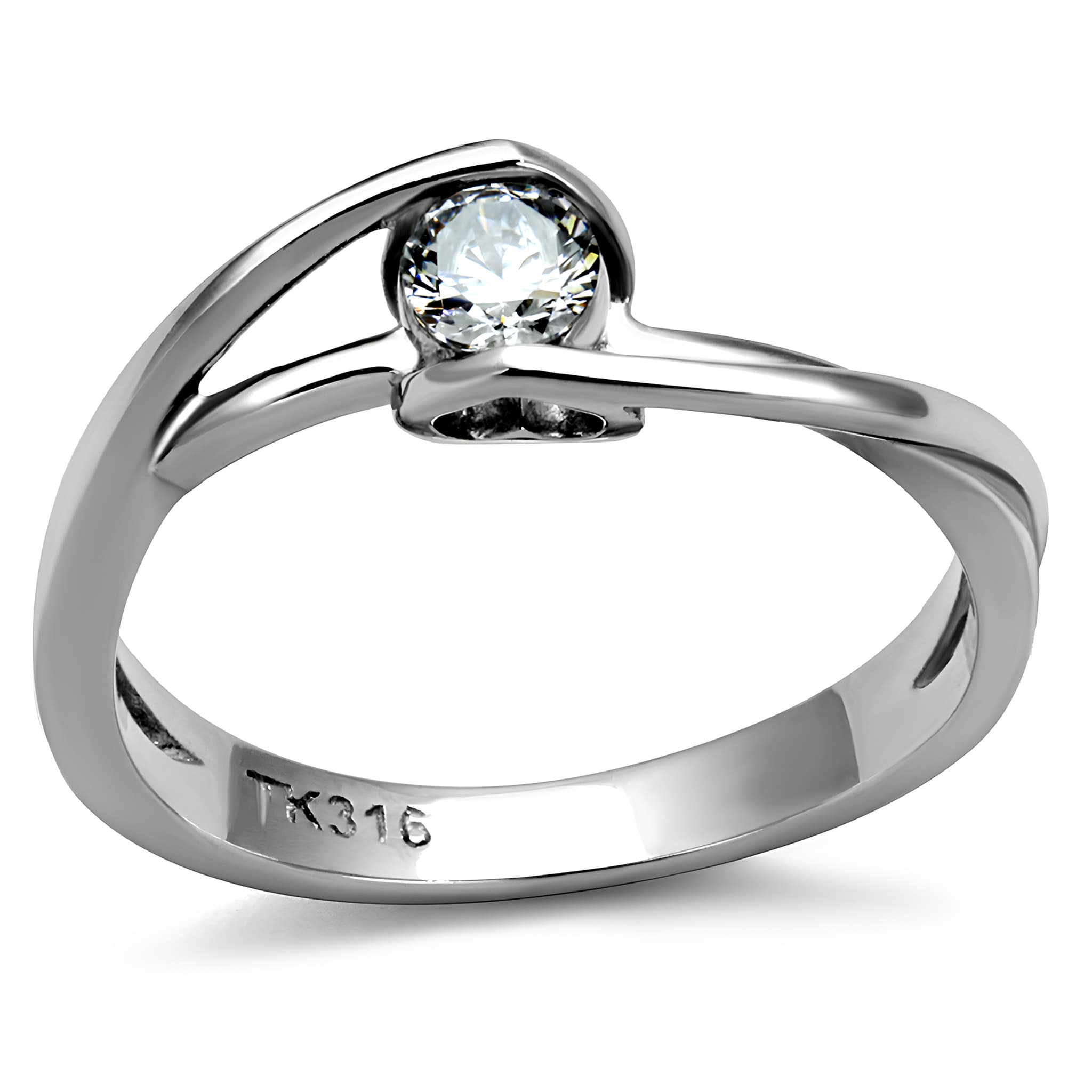 Stainless Steel CZ Round Bezel Bypass Solitaire Ring