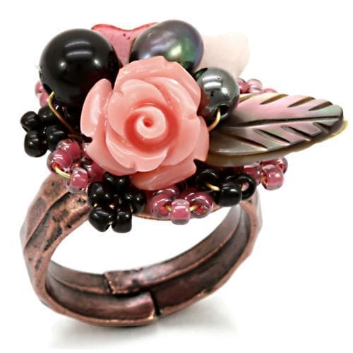 Brass Copper Pink Coral Rose Bead Wire Cocktail Ring