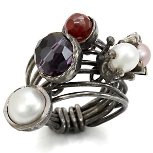 Brass Antique Silver Purple Crystal Pearl Cluster Wire Ring