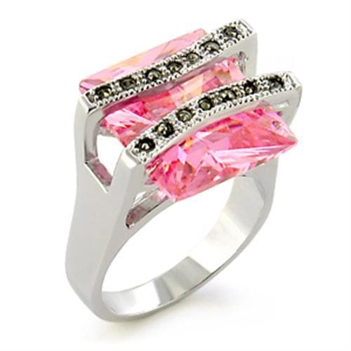 Sterling Silver Pink CZ Princess Marcasite Frame Ring