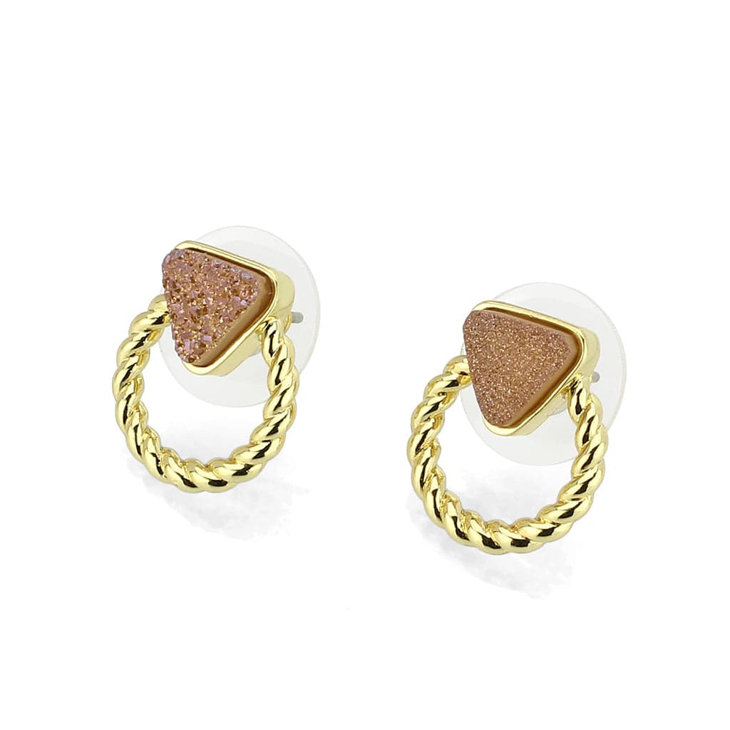 Brass Gold Rose Druzy Triangle Rope Stud Earrings
