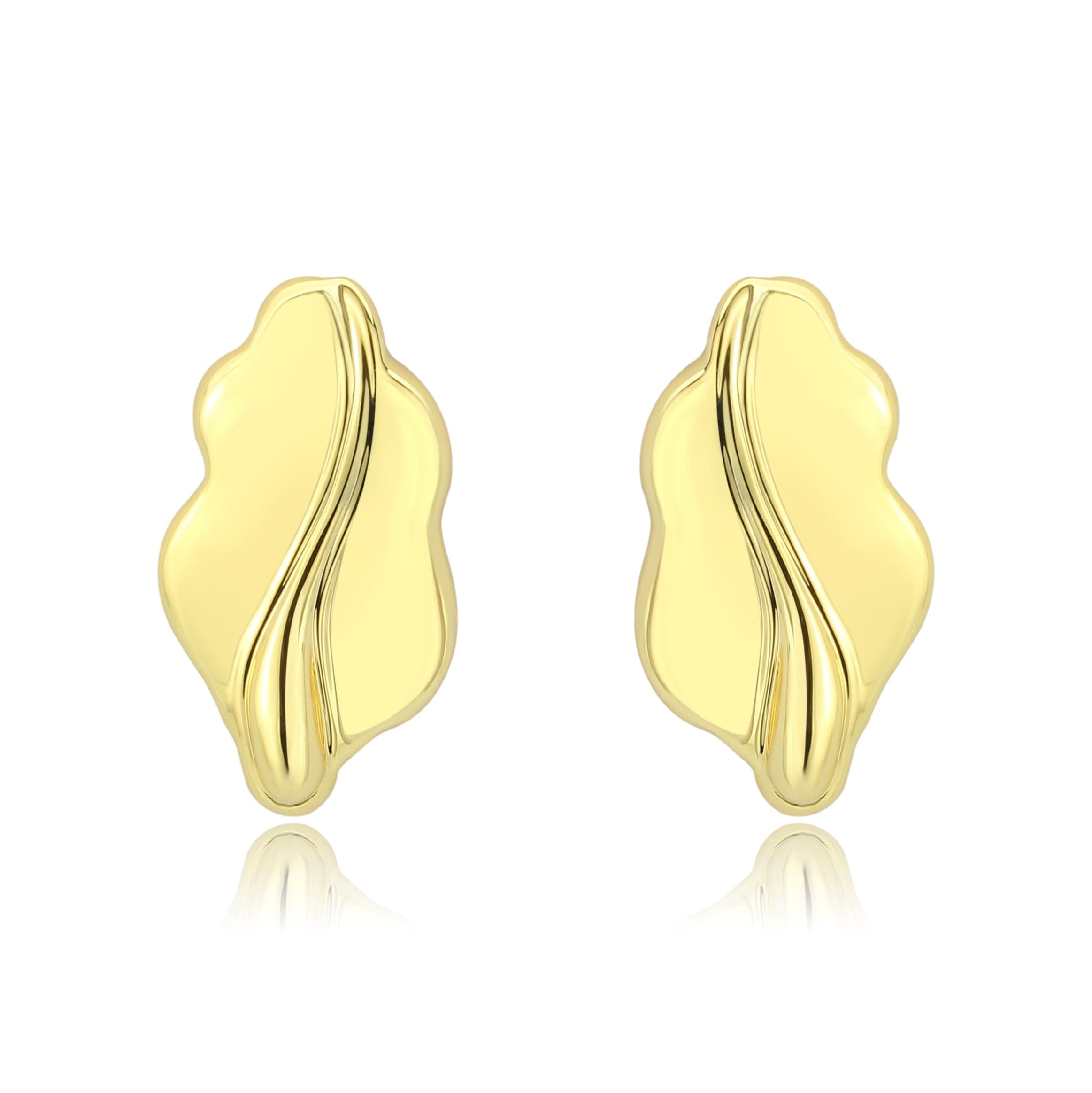 Brass Gold Polished Wave Ruffle Stud Earrings