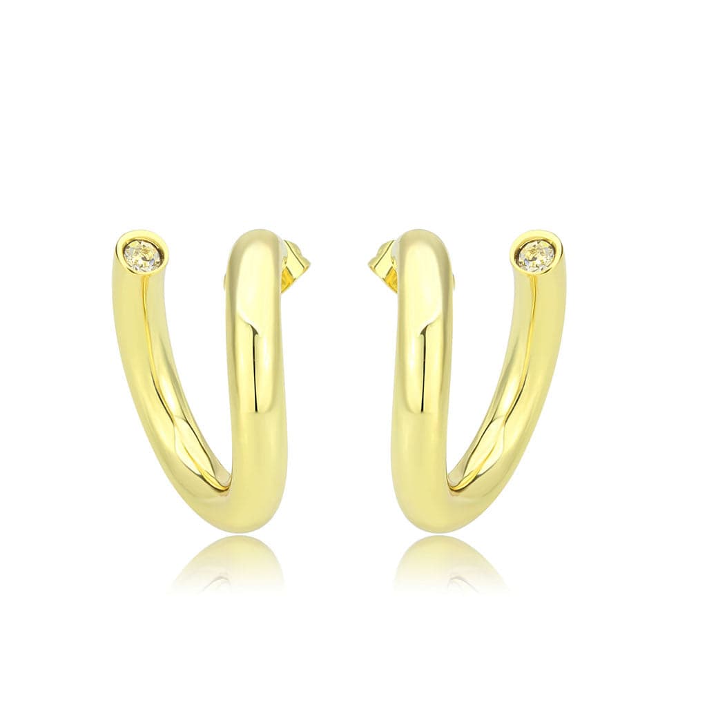 Brass Gold CZ Accent U-Shape Chunky Hoop Earrings