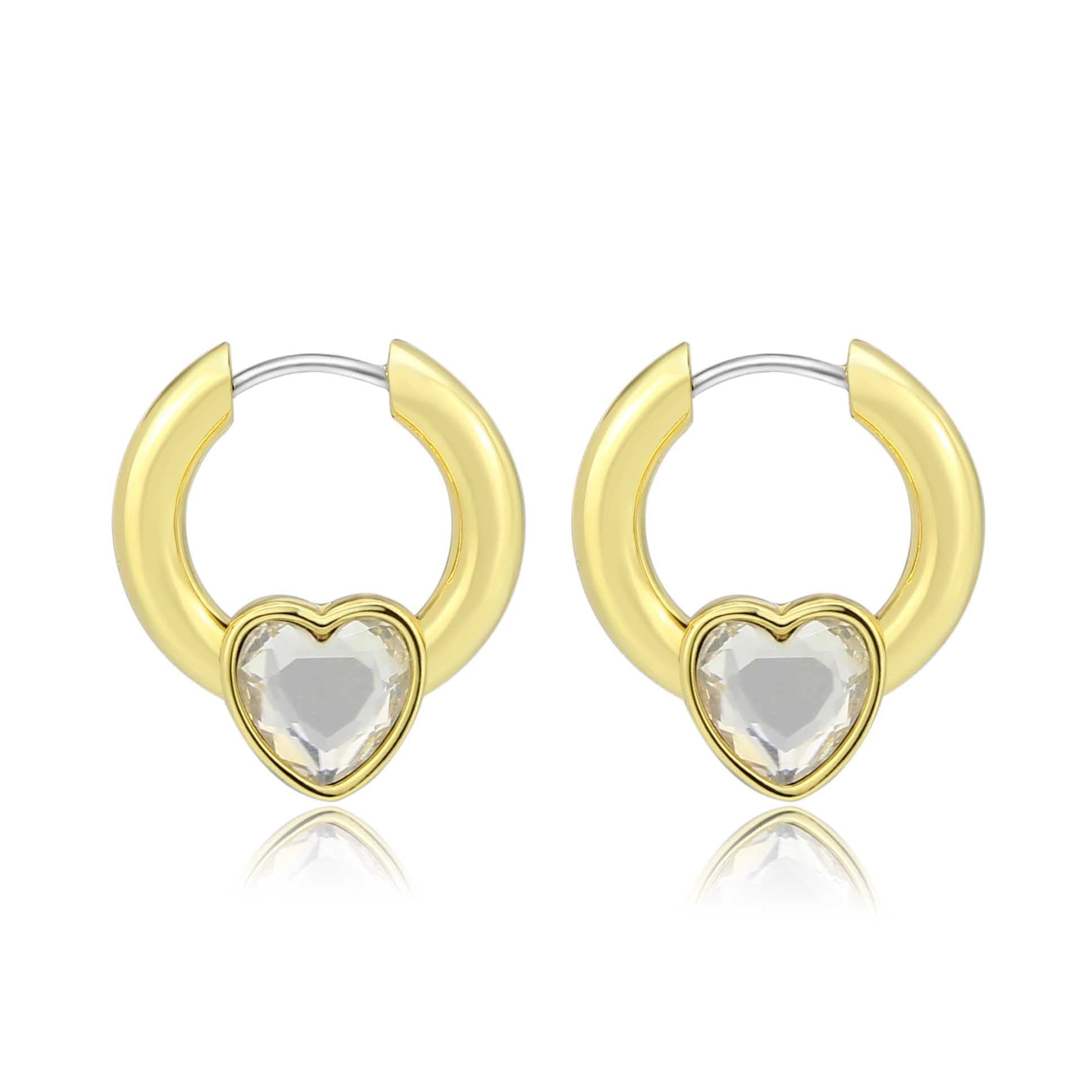 Brass Gold Crystal Heart Charm Huggie Earrings