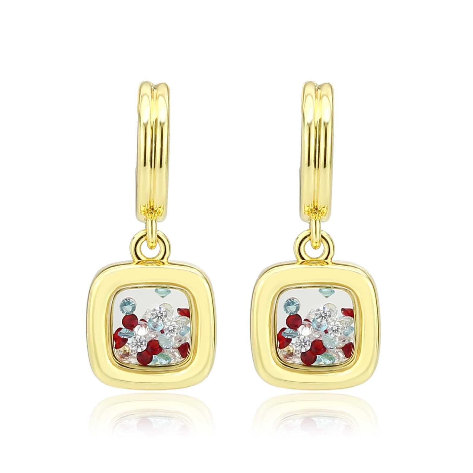 Brass Gold Multicolor CZ Flower Square Charm Drop Earrings