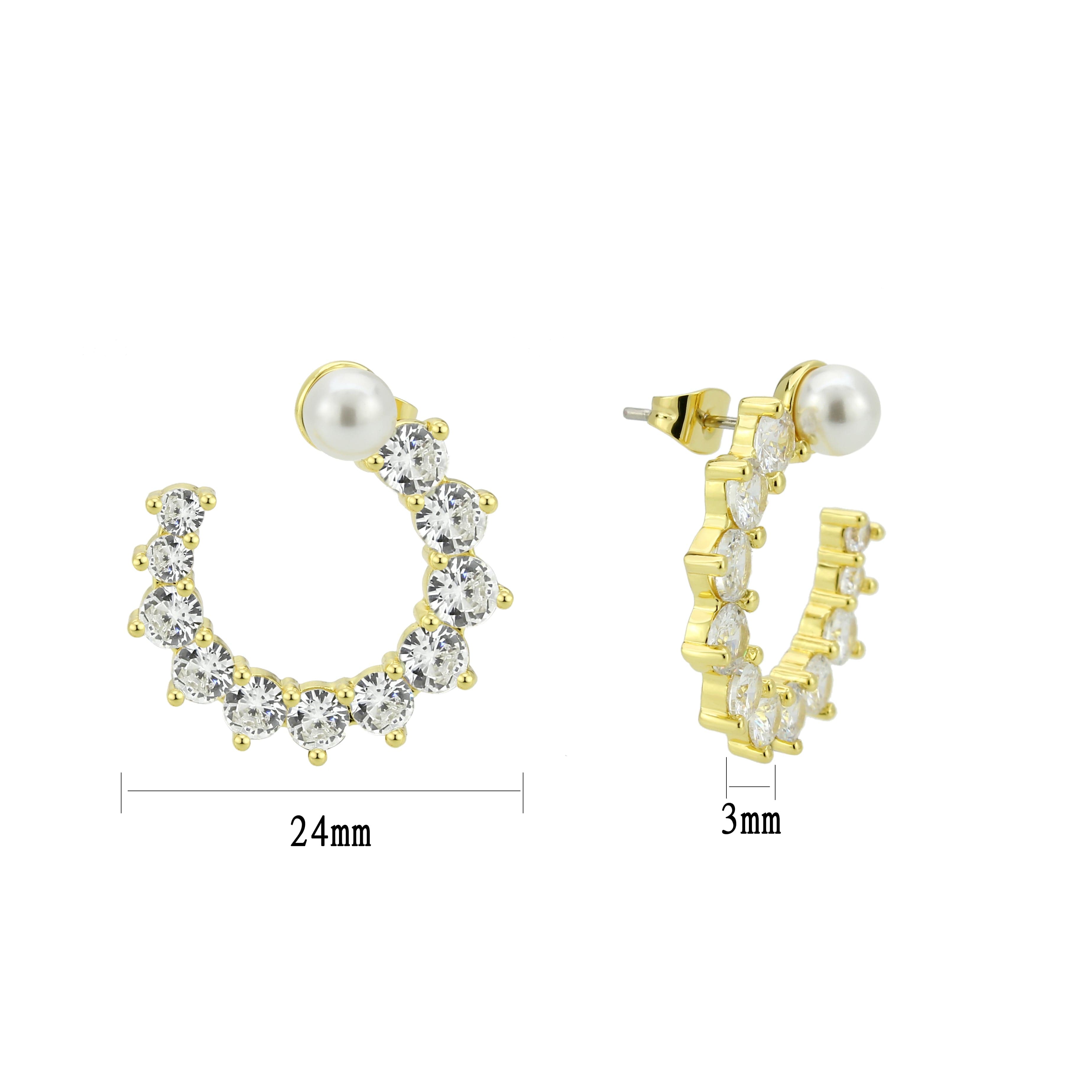 Brass Gold CZ Pearl Cluster Crescent Cuff Earrings