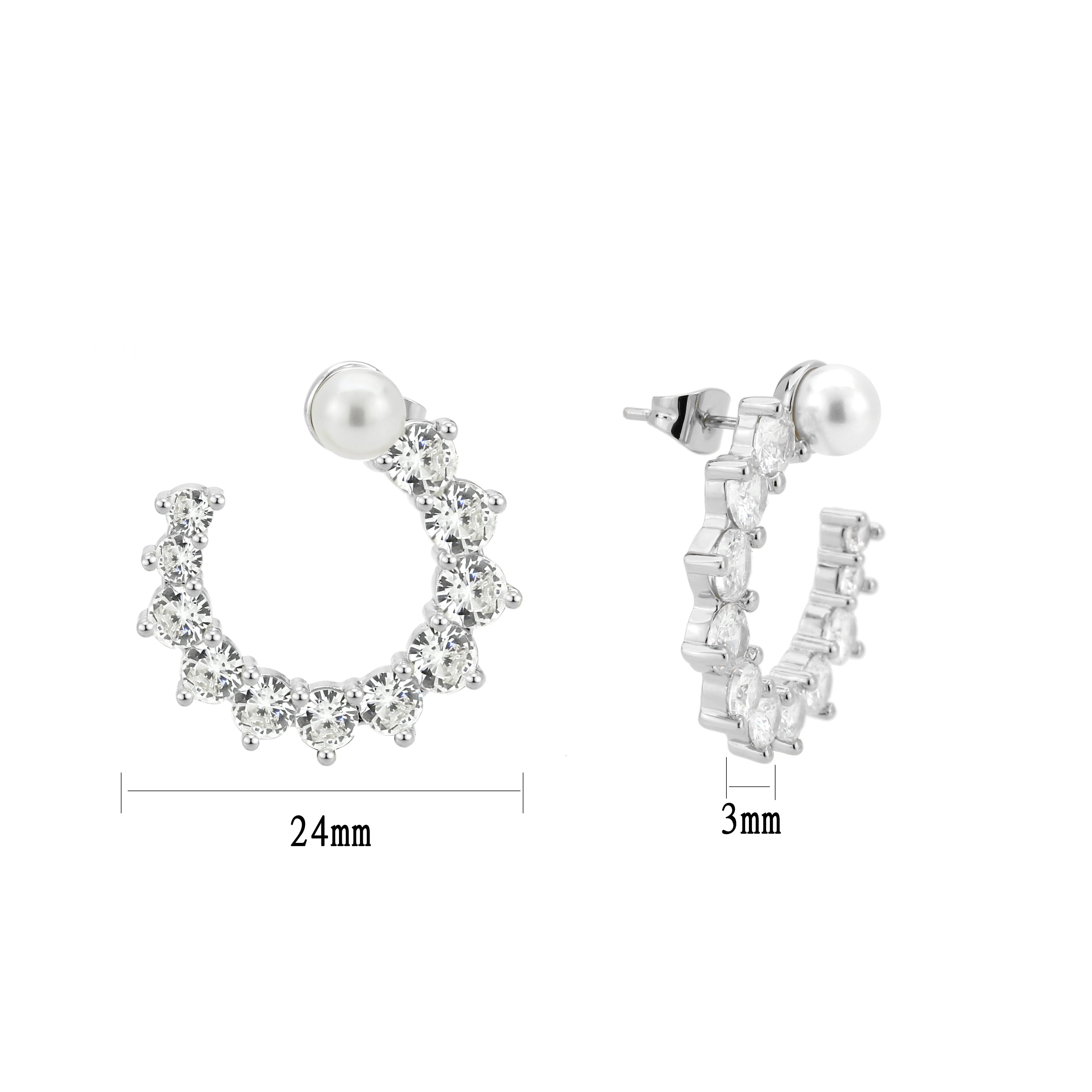 Brass CZ Cluster Pearl Crescent Cuff Earrings