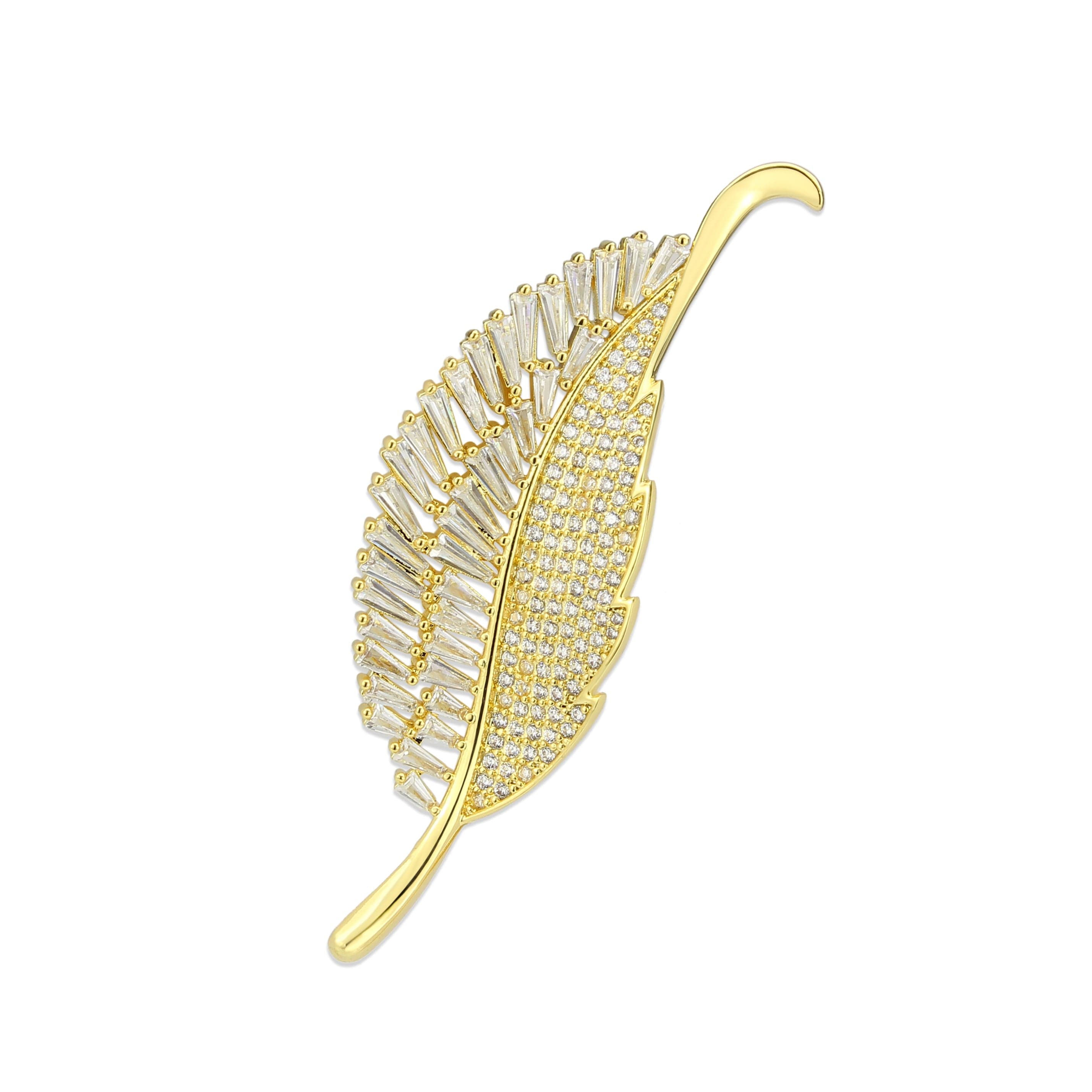 Brass Gold CZ Baguette Feather Leaf Brooch