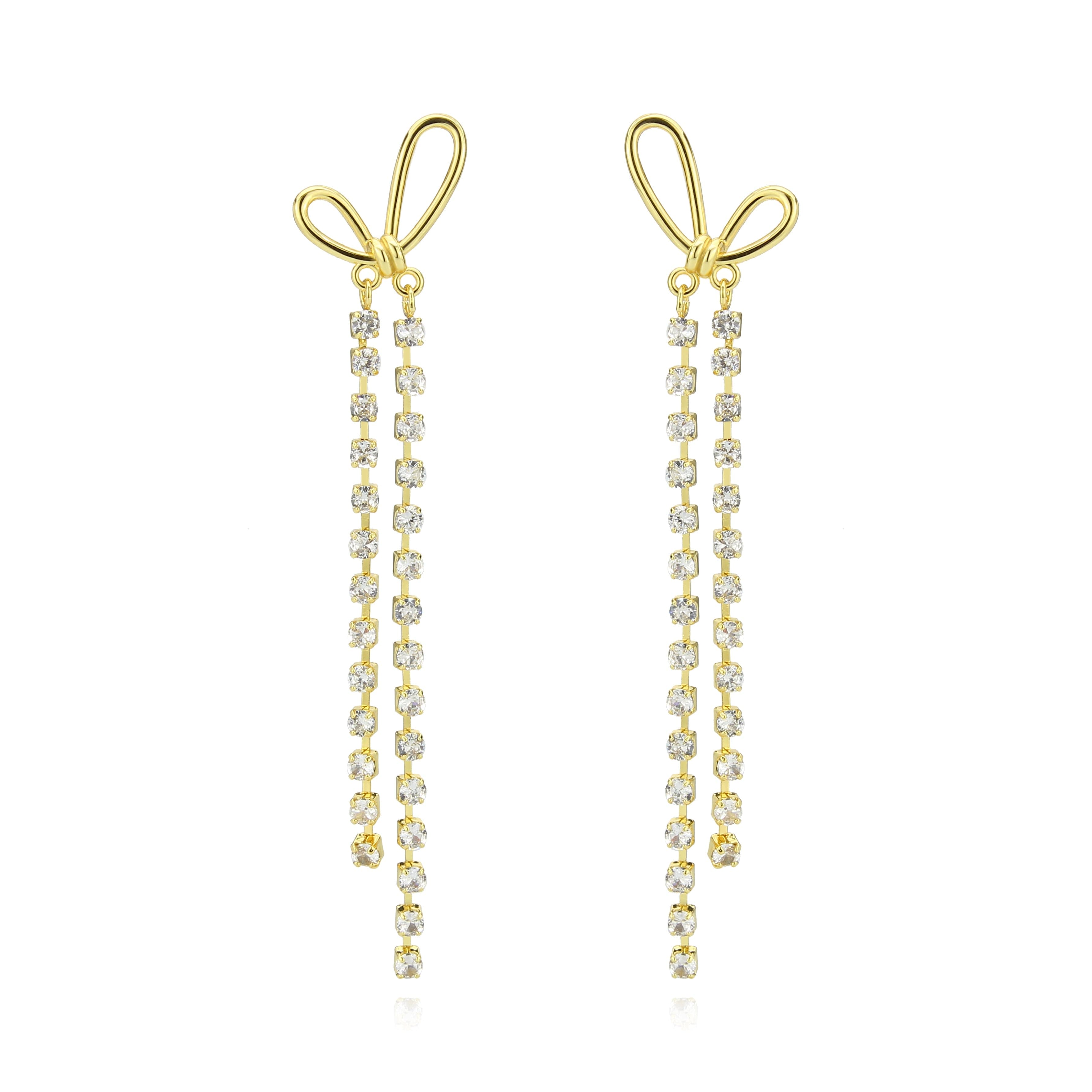 Brass Gold CZ Bow Ribbon Chain Tassel Drop Earrings