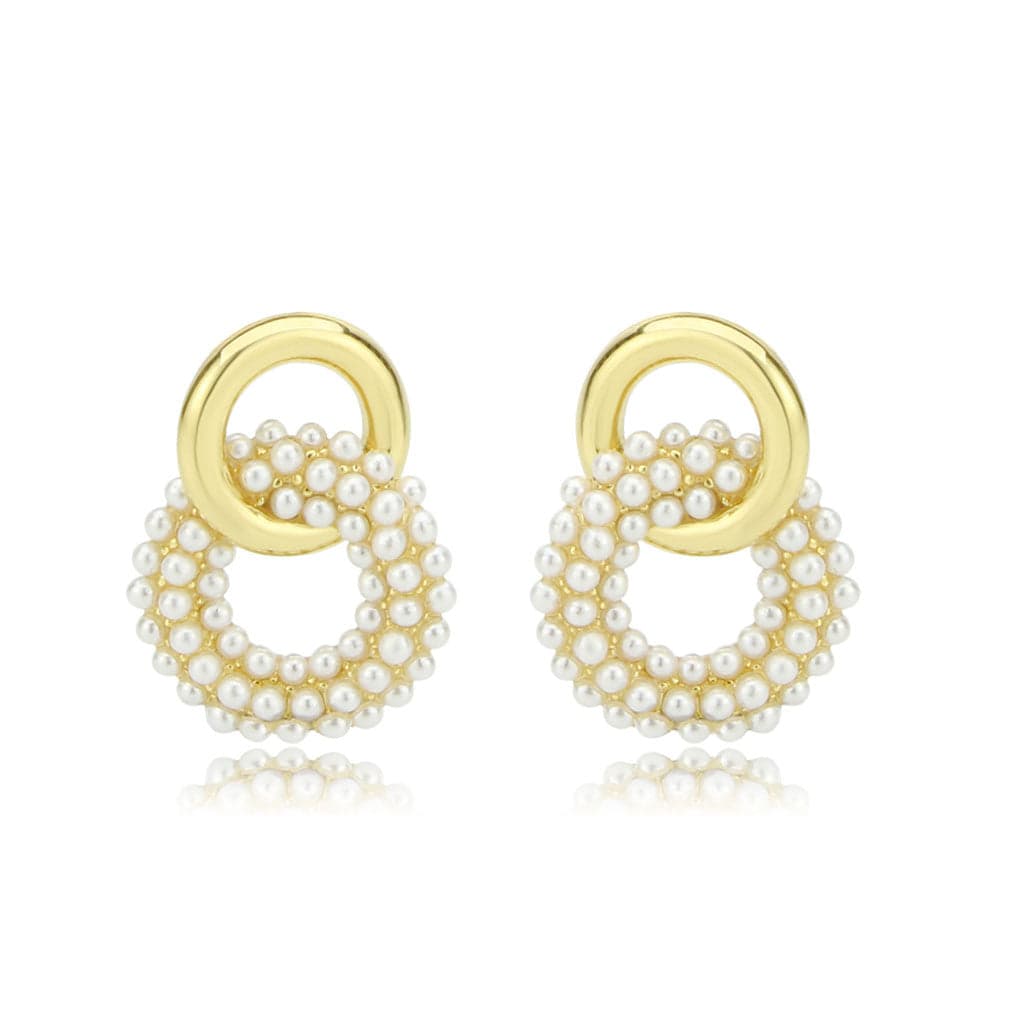 Brass Gold Pearl Cluster Circle Donut Drop Earrings