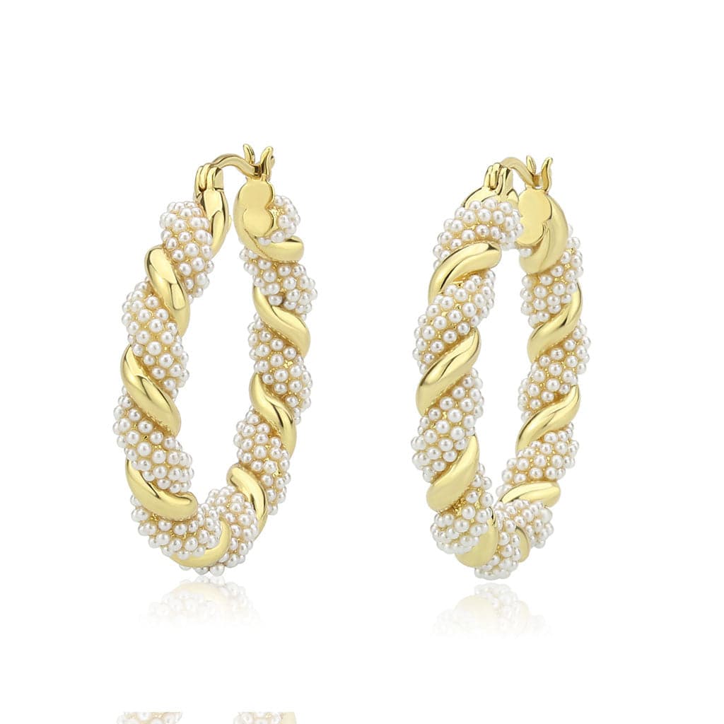 Brass Gold Pearl Twisted Rope Hoop Earrings