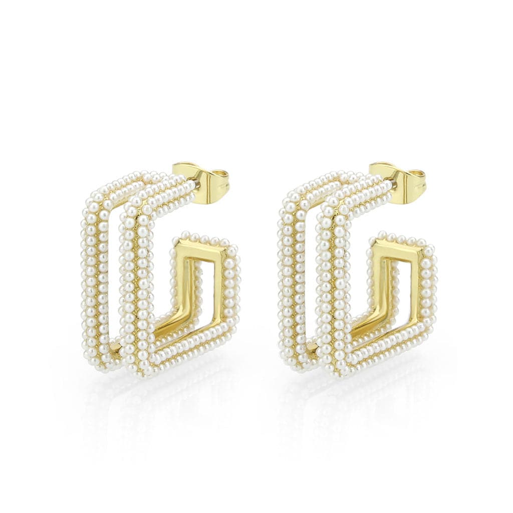 Brass Gold Pearl Encrusted Square Hoop Earrings