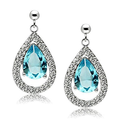 Brass Blue Topaz Pear CZ Double Halo Drop Earrings