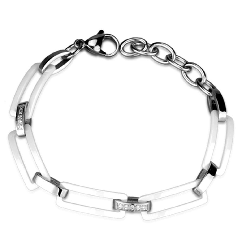 Stainless Steel White Ceramic Rectangle Silver Link Bracelet