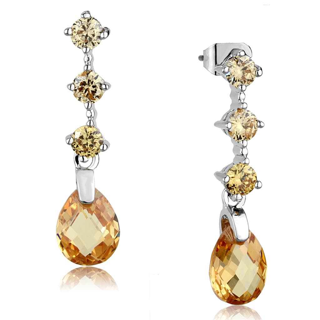 Brass Champagne Crystal Briolette Pear Drop Earrings