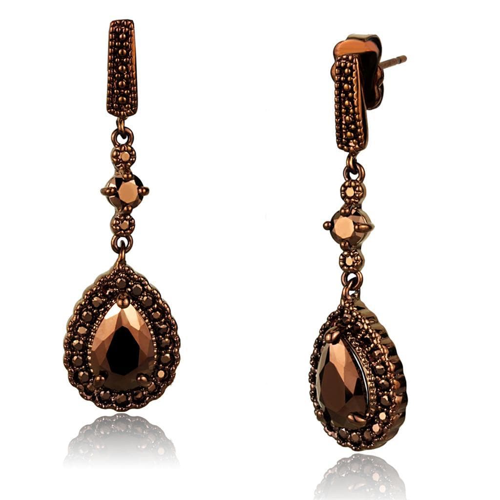 Brass Coffee CZ Pear Halo Drop Earrings | The Stainless Jewelry