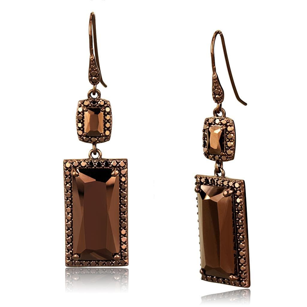 Brass Coffee CZ Emerald Rectangle Tiered Drop Earrings