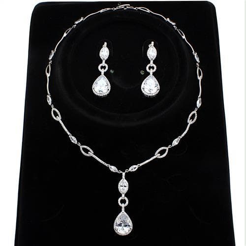 Brass CZ Marquise Drop Link Chain Set Necklace
