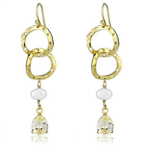 Brass Gold Hammered Circle Pearl CZ Drop Earrings
