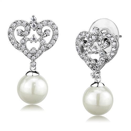 Brass CZ Open Heart Filigree Pearl Drop Earrings