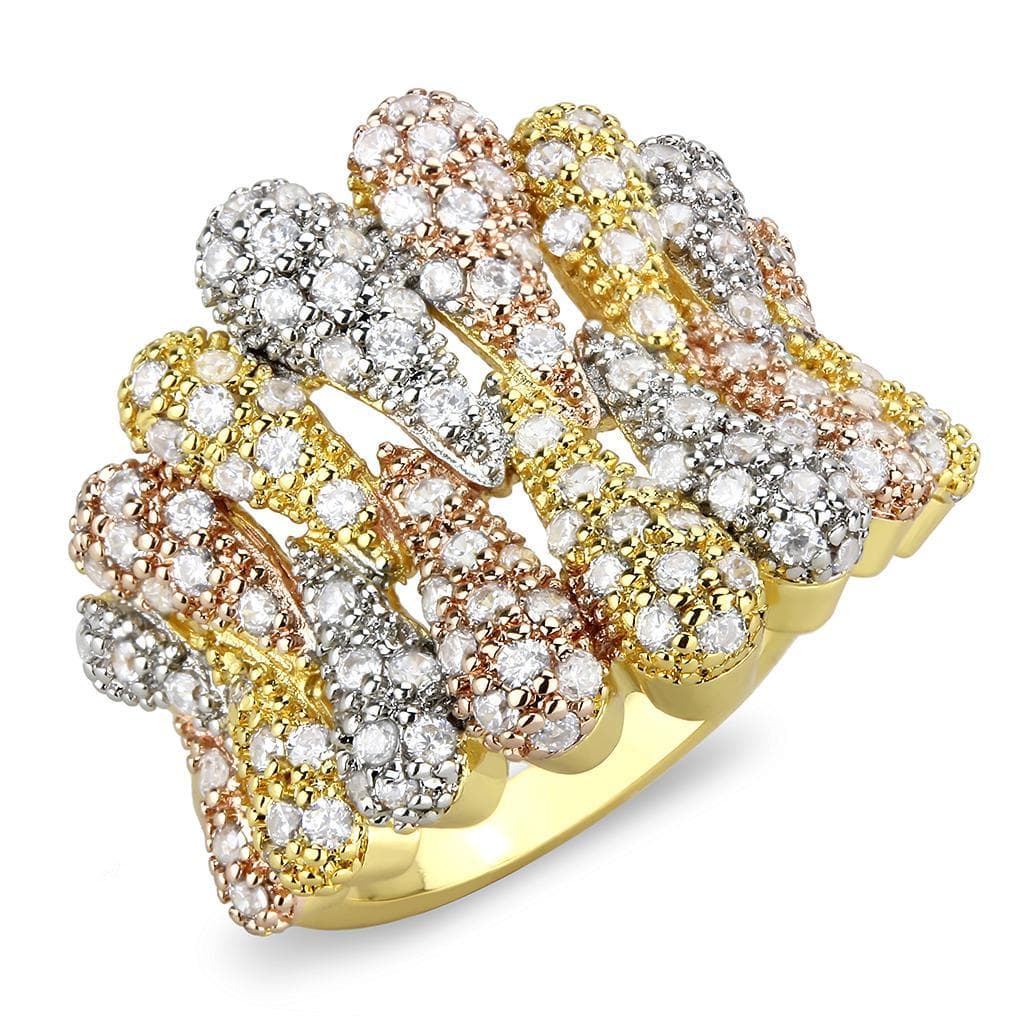 Brass Tri-Tone CZ Cluster Crossover Wide Ring