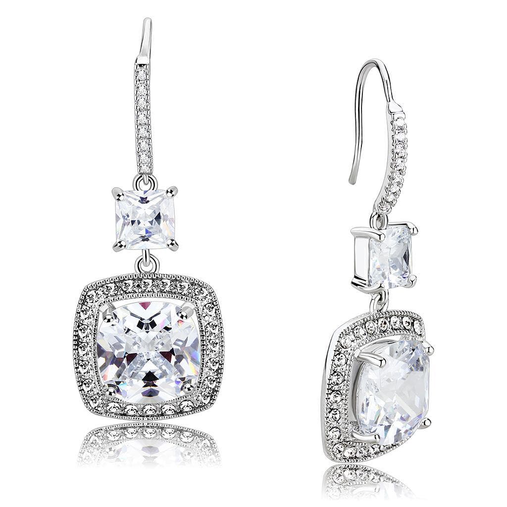 Brass CZ Princess-Cut Halo Hook Drop Earrings