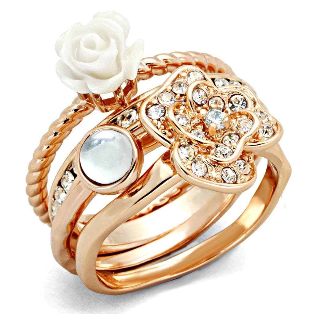 Brass Rose Gold White Rose CZ Flower Stack Ring