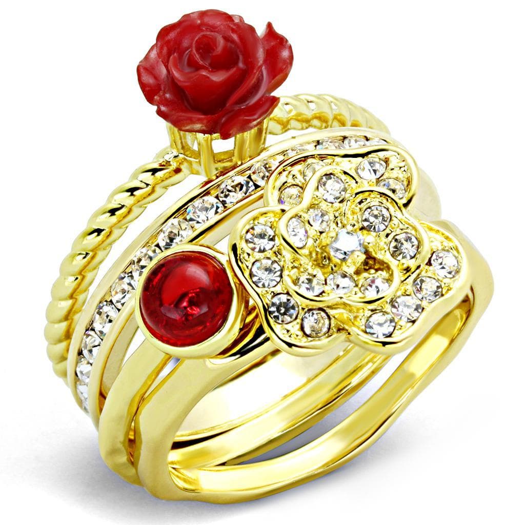 Brass Gold Red Rose CZ Butterfly Stack Ring