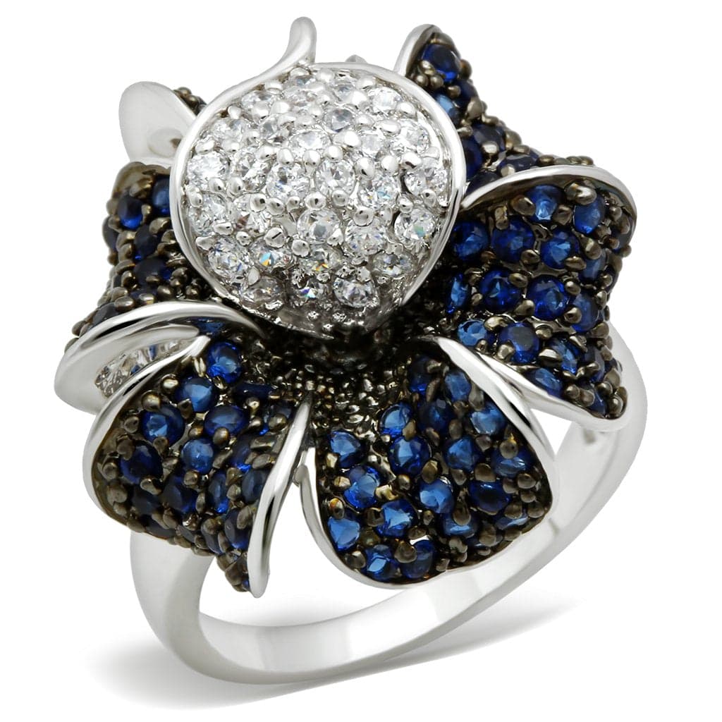 Brass Sapphire CZ Pavé Flower Cocktail Ring