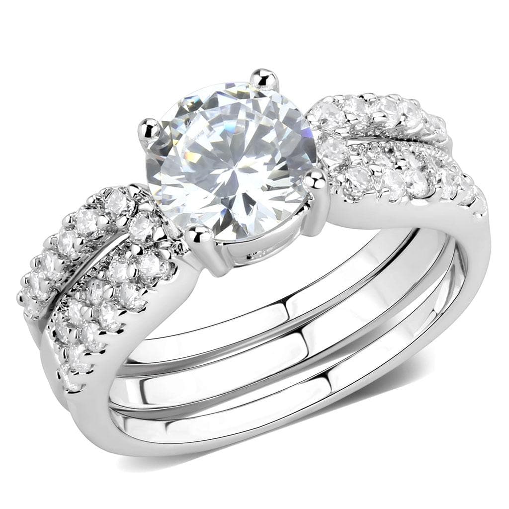 Brass CZ Round Solitaire Pavé Triple Band Bridal Ring