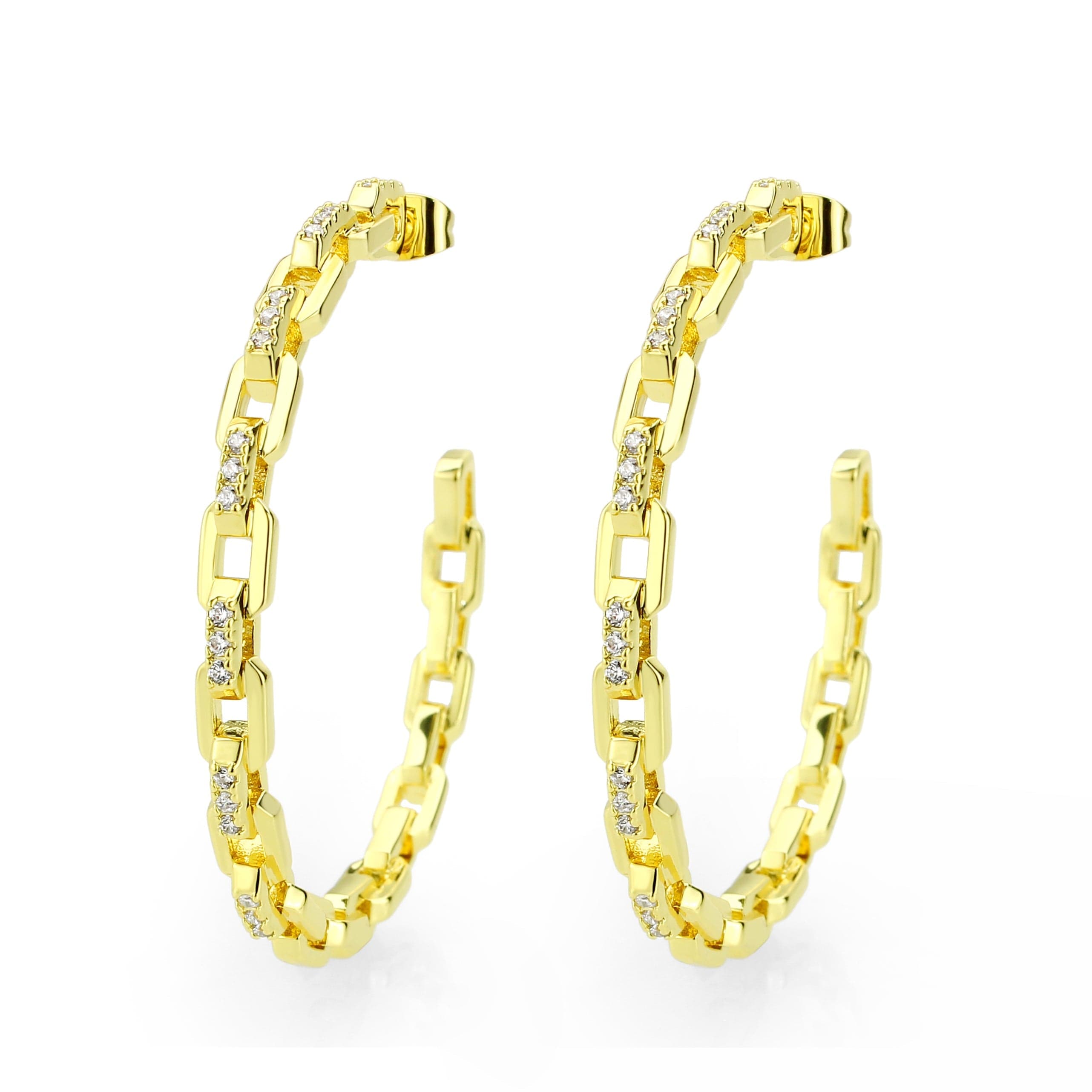 Brass Gold CZ Chain Link Open Hoop Earrings