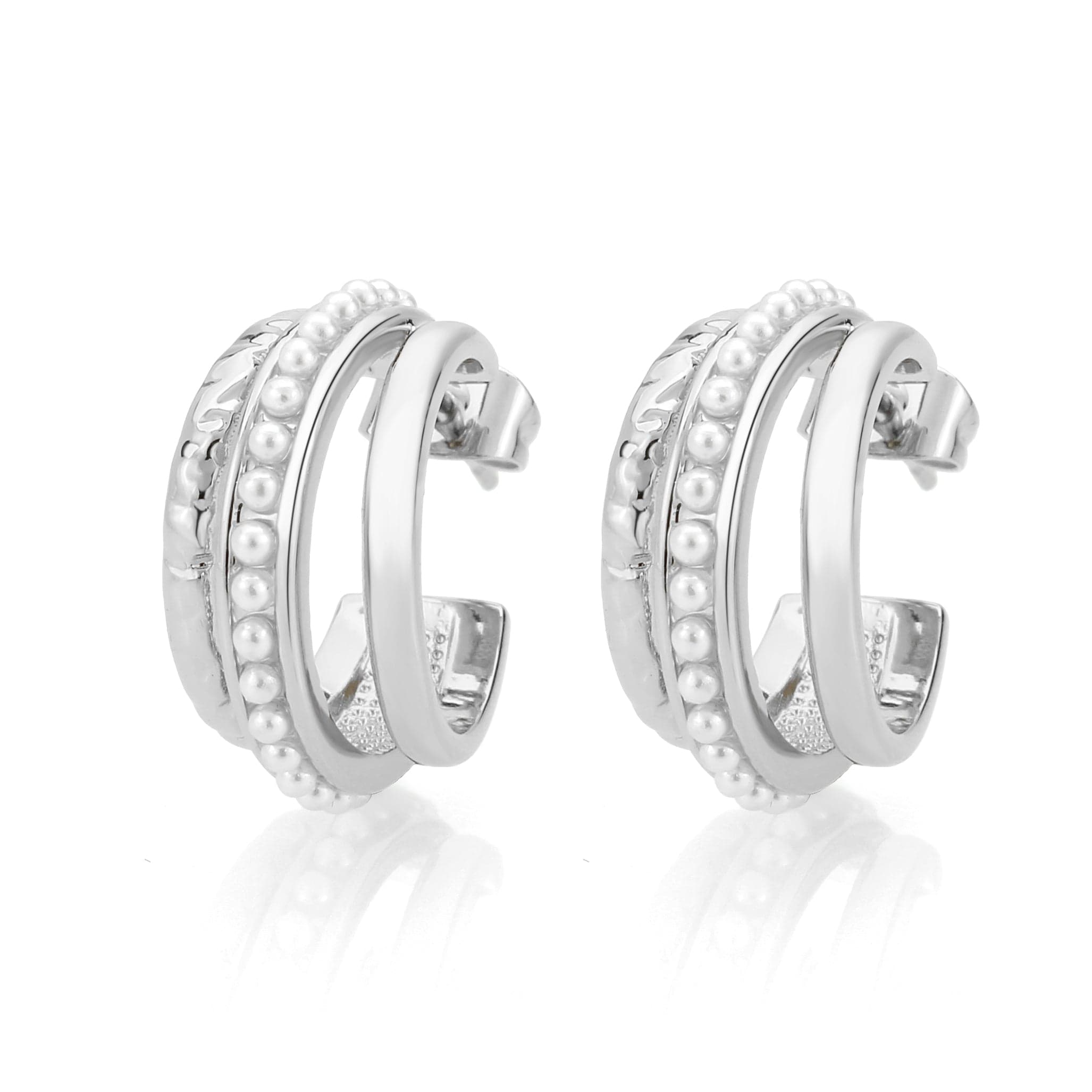 Brass Pearl Triple Row Huggie Earrings | The Stainless Jewelry