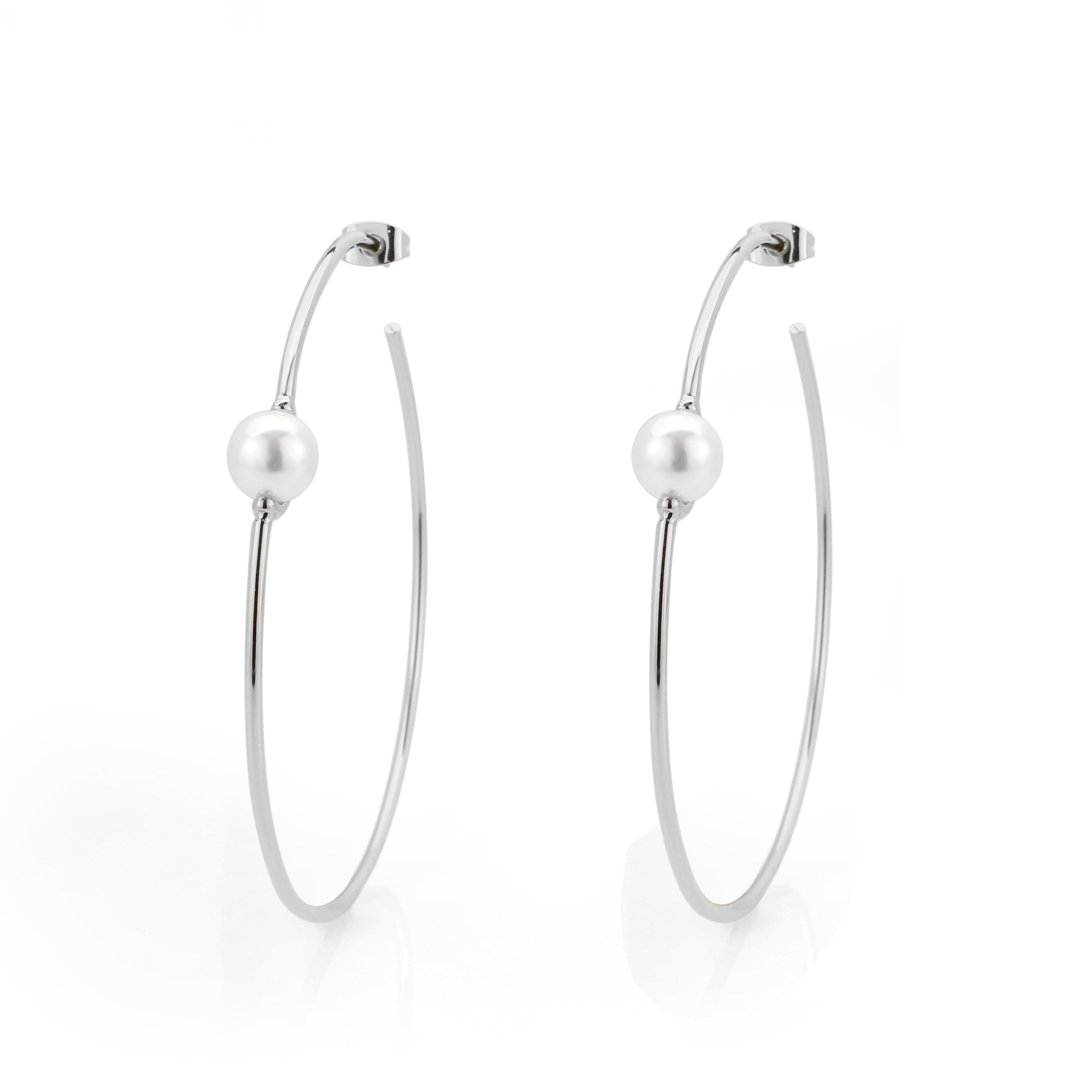 Brass Pearl Accent Thin Large Hoop Earrings
