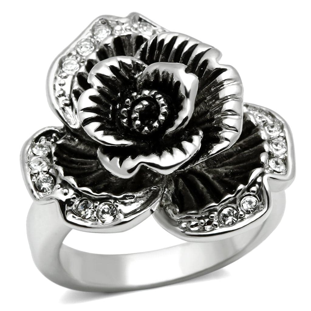 Brass CZ Oxidized Rose Flower Cocktail Ring