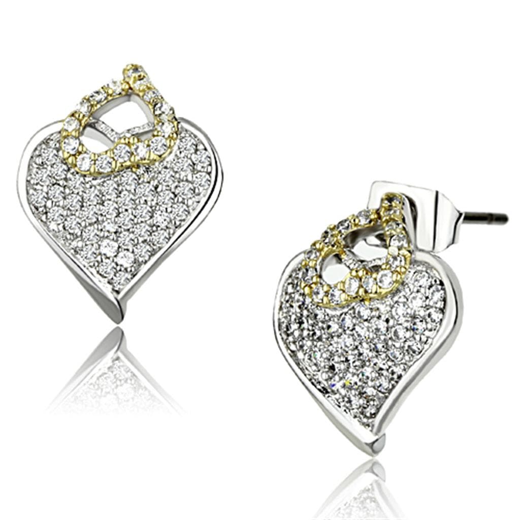 Brass Two-Tone CZ Pave Crown Heart Stud Earrings