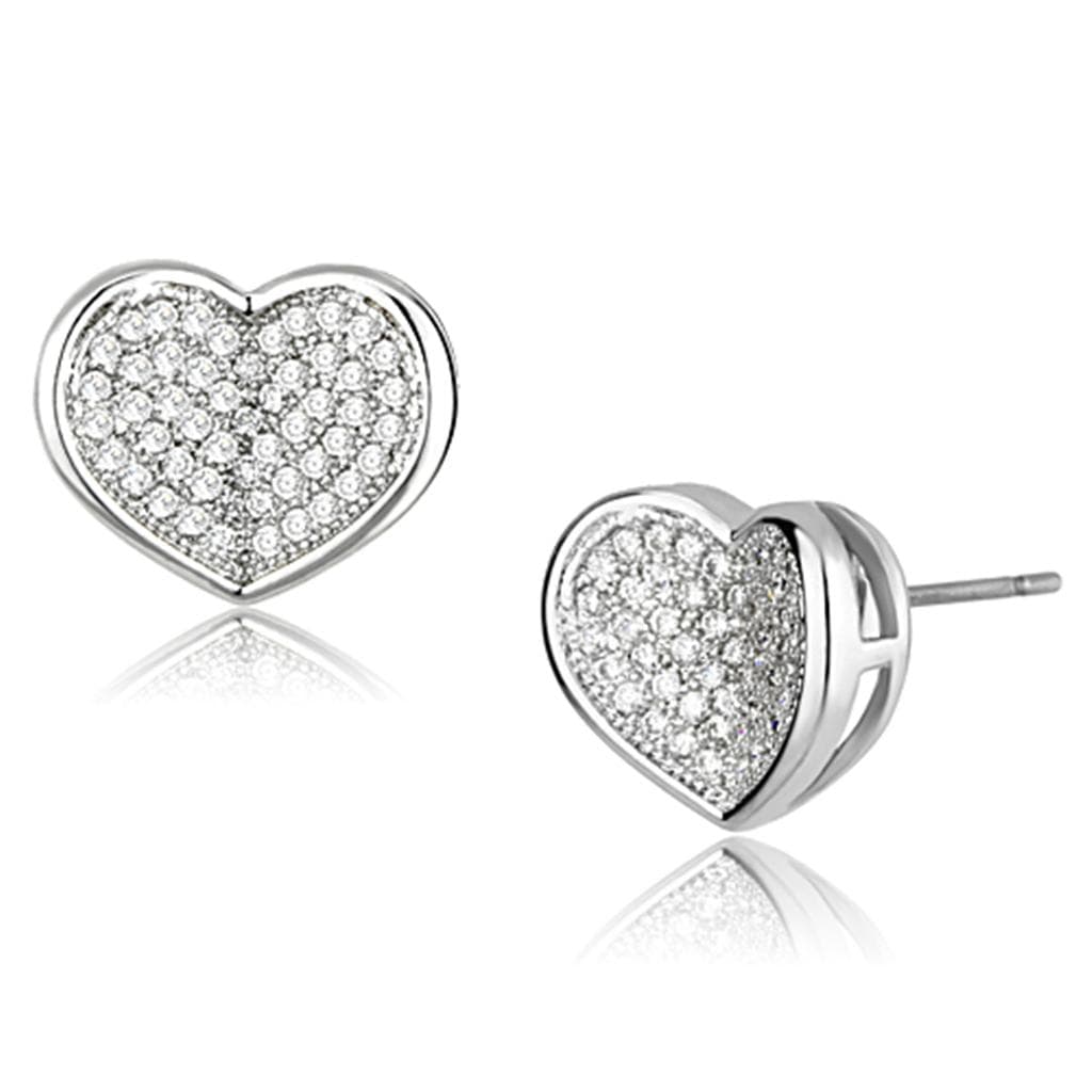Brass CZ Pave Solid Heart Stud Post Earrings