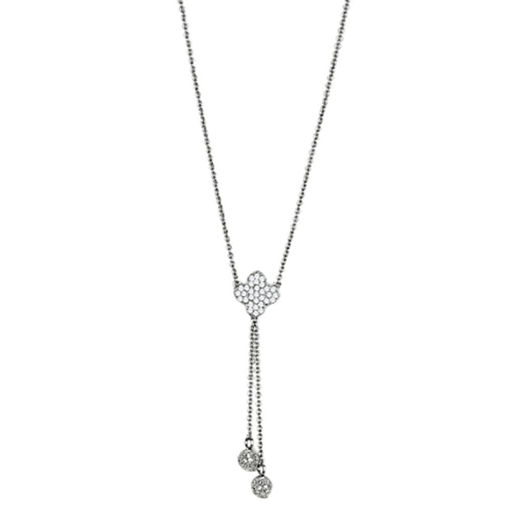 Brass CZ Pave Key Flower Lariat Y-Drop Necklace
