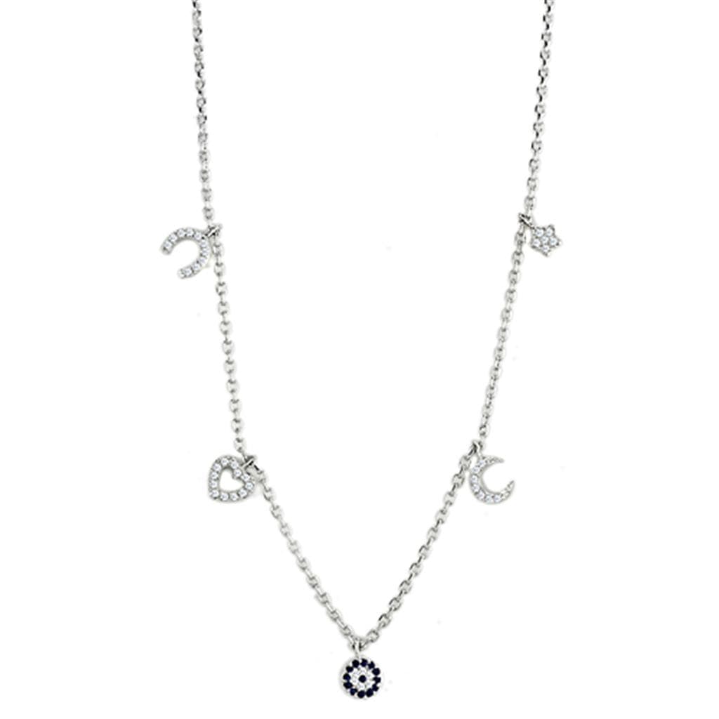 Brass CZ Moon Star Evil Eye Charm Station Necklace