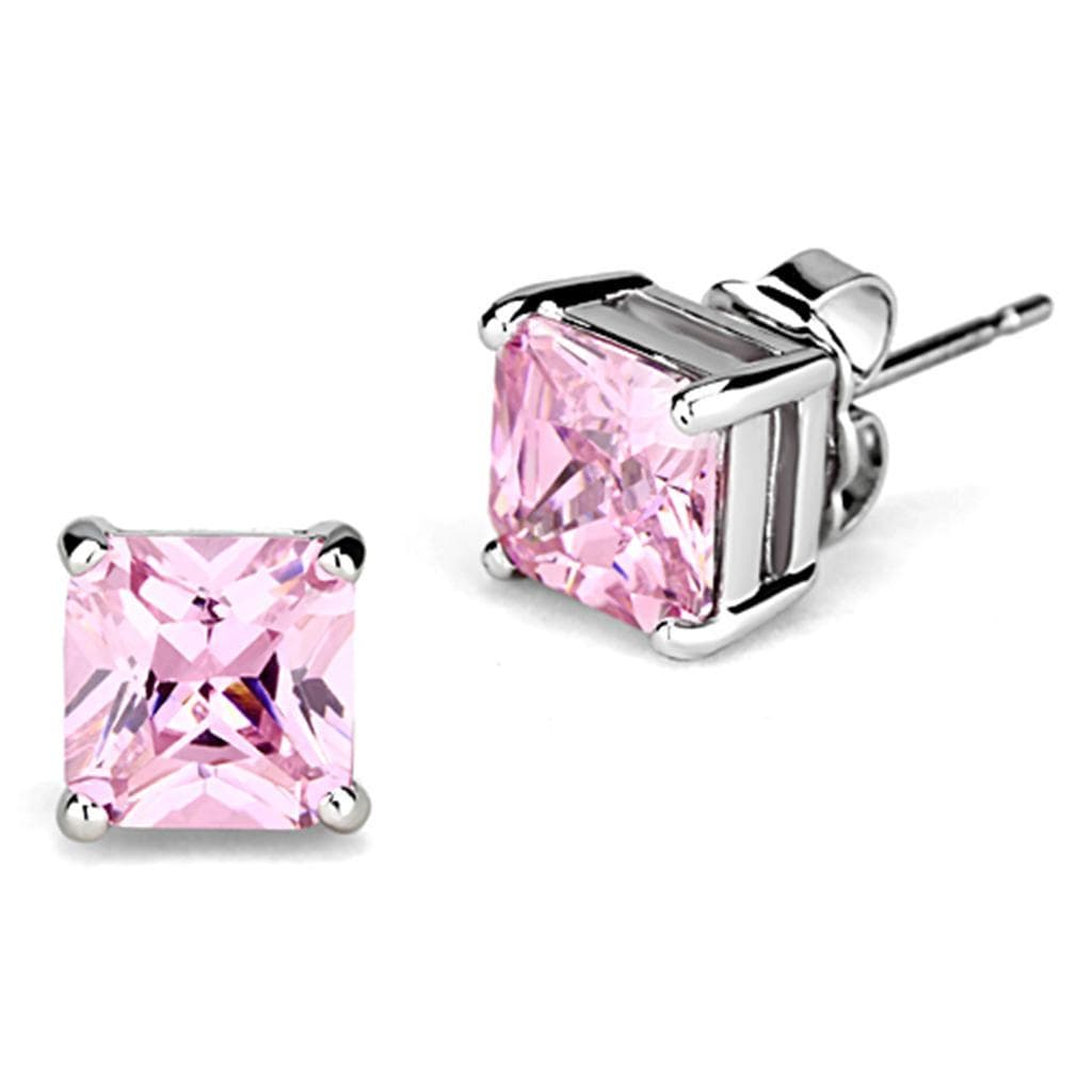 Brass Pink CZ Princess Cut Prong Stud Earrings